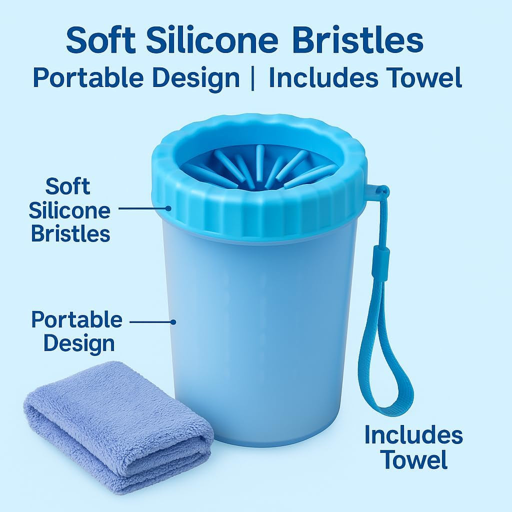 Dog Paw Cleaner Cup, Portable Dog Paw Washer for Medium Sized Dogs, Soft Silicone Bristles Muddy Paw Cleaner with Towel, Pet Foot Washer for Travel and Home Use (Blue)
