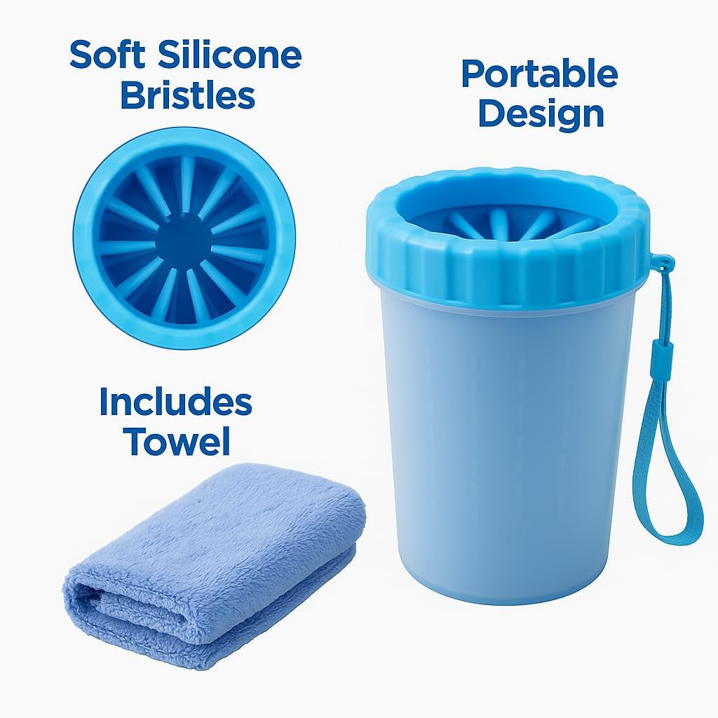 Dog Paw Cleaner Cup, Portable Dog Paw Washer for Medium Sized Dogs, Soft Silicone Bristles Muddy Paw Cleaner with Towel, Pet Foot Washer for Travel and Home Use (Blue)