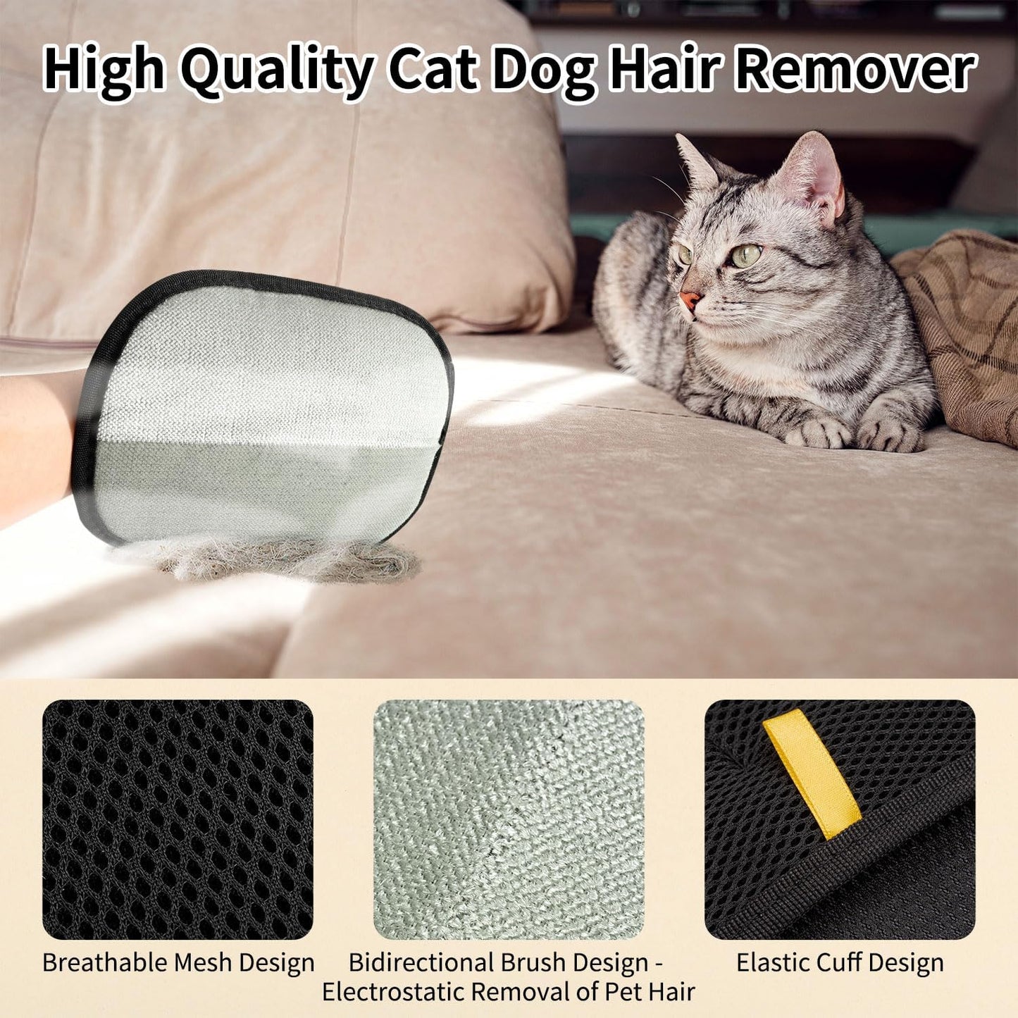 2PCS Pet Hair Remover Glove, Static Pet Hair Removal Glove